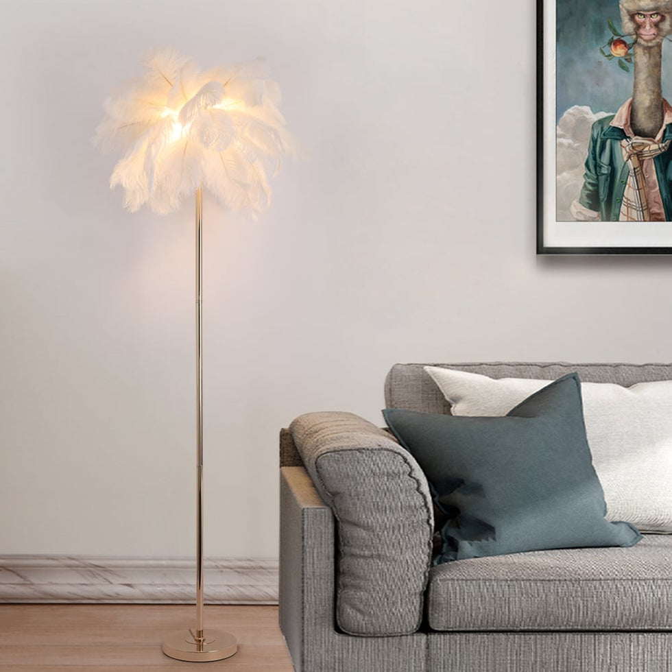 HMR - Loftus Art Deco Rose Gold Floor Lamp with Feather Shade Tree Standing Lamp