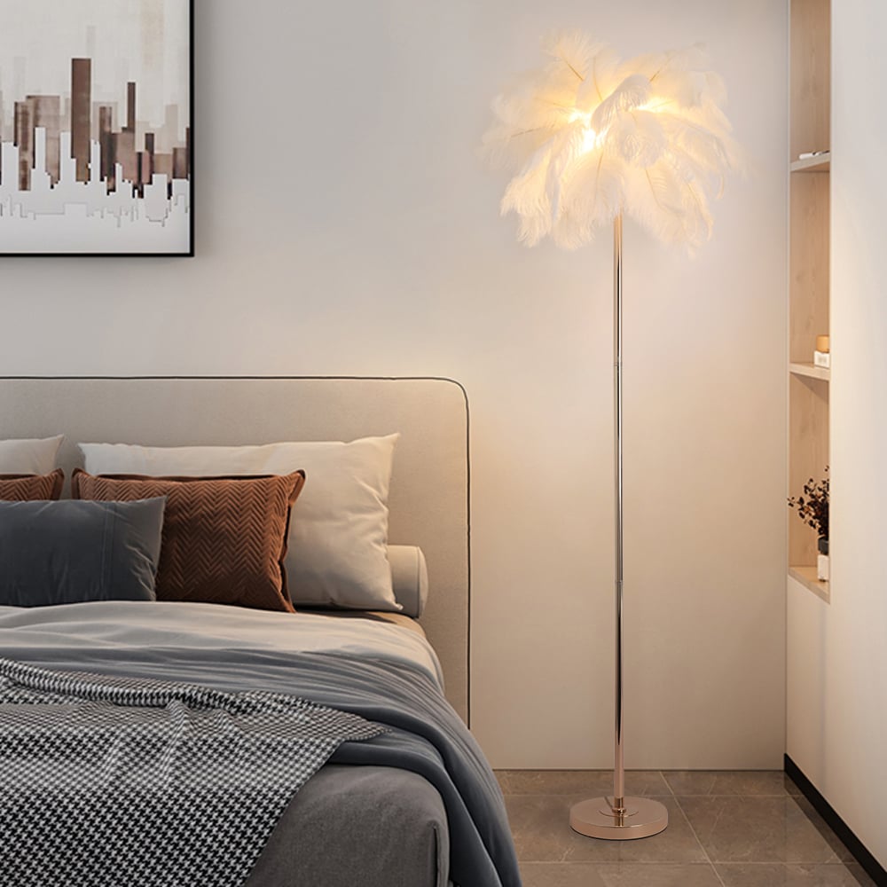 HMR - Loftus Art Deco Rose Gold Floor Lamp with Feather Shade Tree Standing Lamp