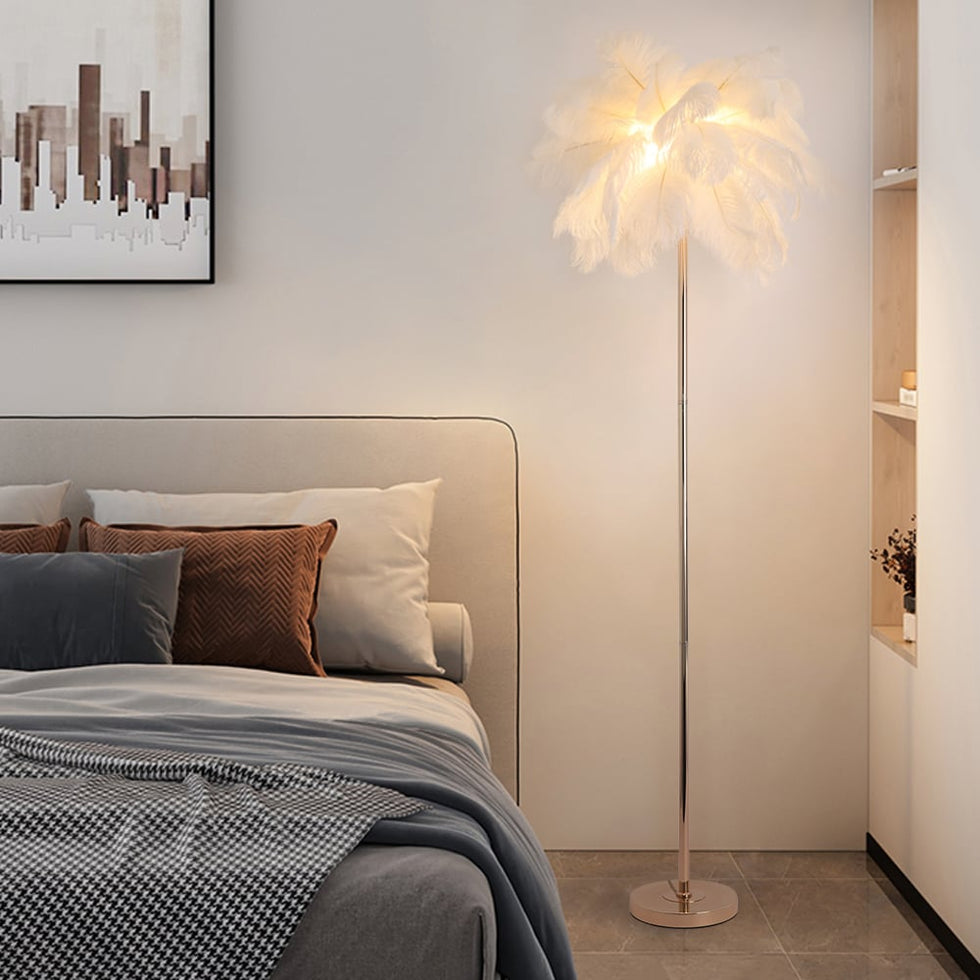 HMR - Loftus Art Deco Rose Gold Floor Lamp with Feather Shade Tree Standing Lamp