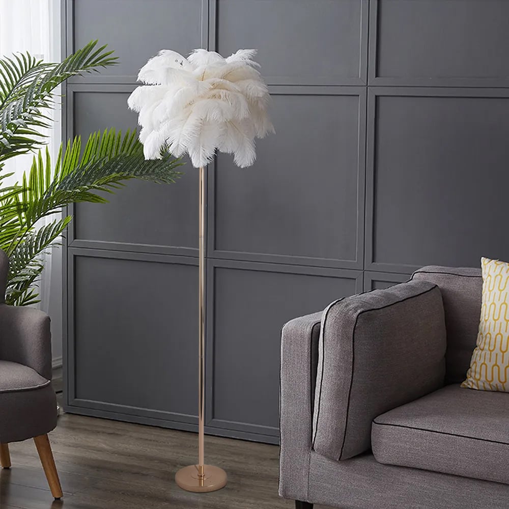 HMR - Loftus Art Deco Rose Gold Floor Lamp with Feather Shade Tree Standing Lamp