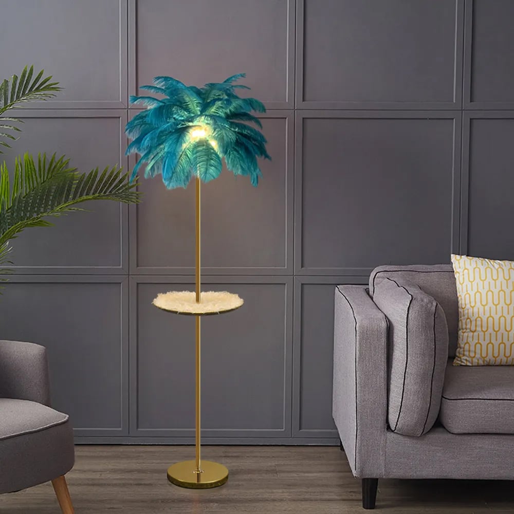 HMR - Loftus Art Deco Rose Gold Floor Lamp with Feather Shade Tree Standing Lamp