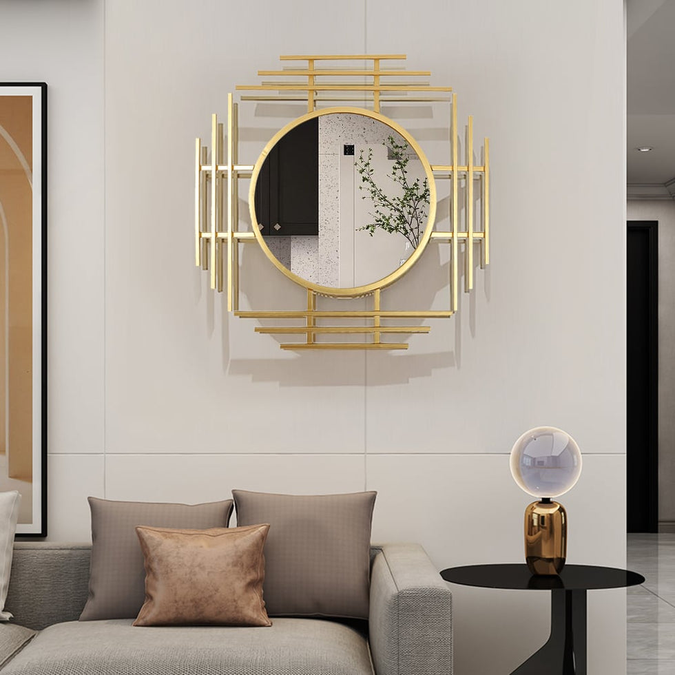HMR - 28" Luxury 3D Geometric Gold Metal Wall Mirror Overlapping Home Decor for Entryway