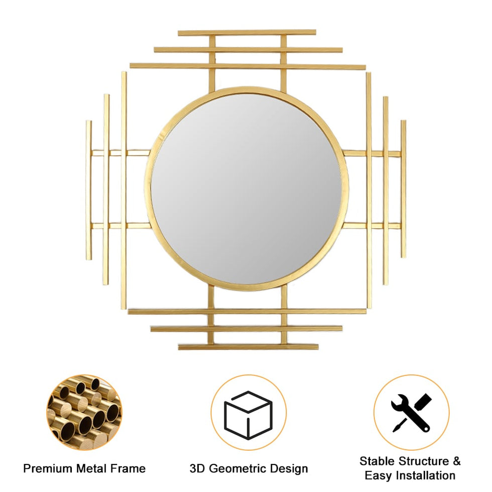 HMR - 28" Luxury 3D Geometric Gold Metal Wall Mirror Overlapping Home Decor for Entryway