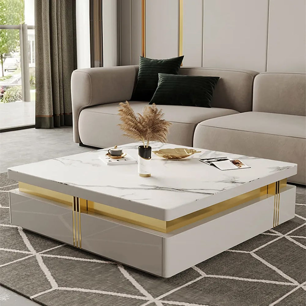 HMR - Trimied Modern Square Storage Coffee Table Stone Top with 4 Wood Drawers