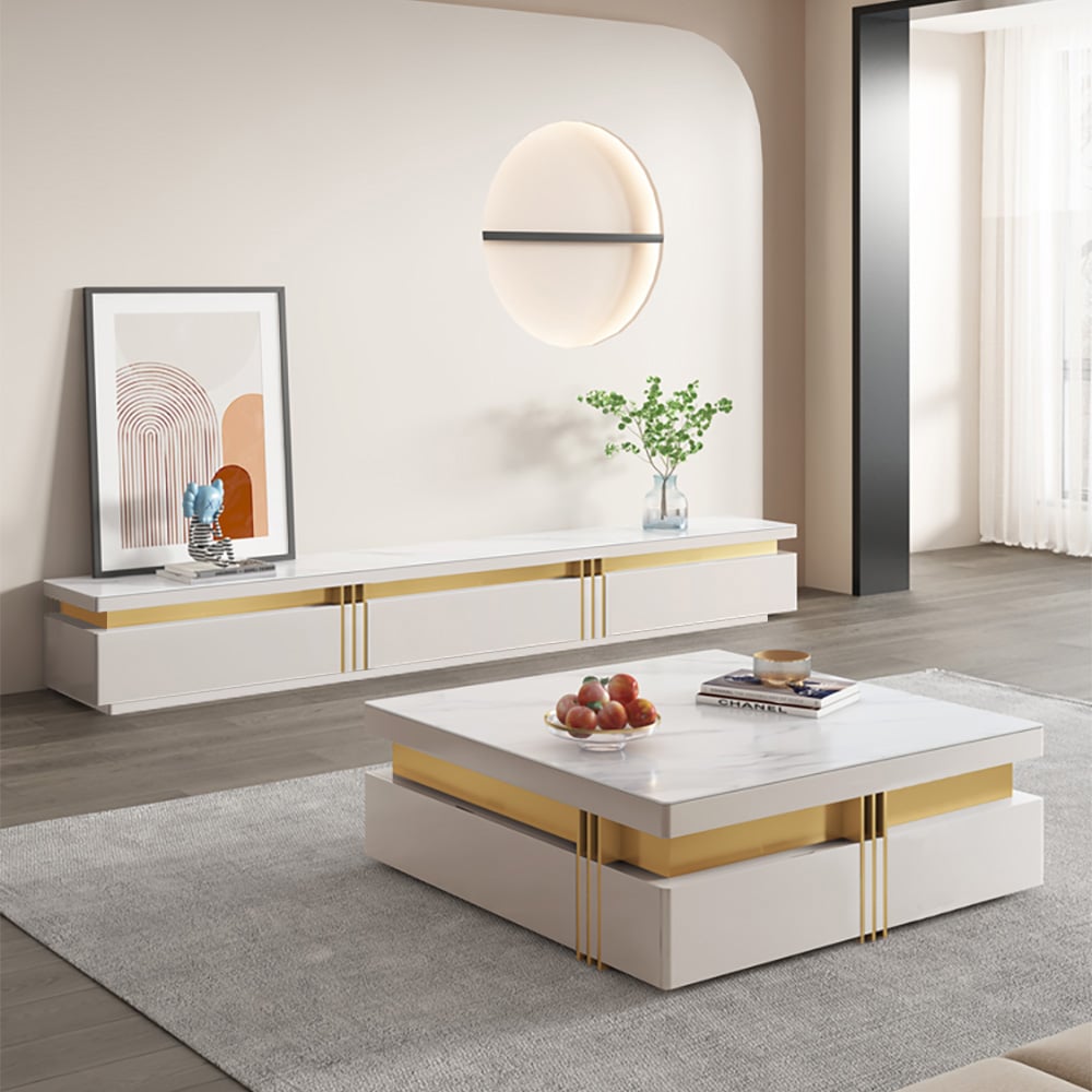 HMR - Trimied Modern Square Storage Coffee Table Stone Top with 4 Wood Drawers