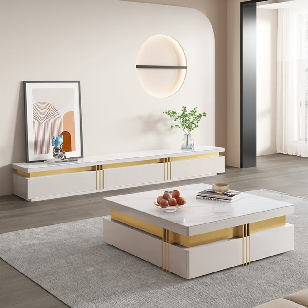 HMR - Trimied Modern Square Storage Coffee Table Stone Top with 4 Wood Drawers