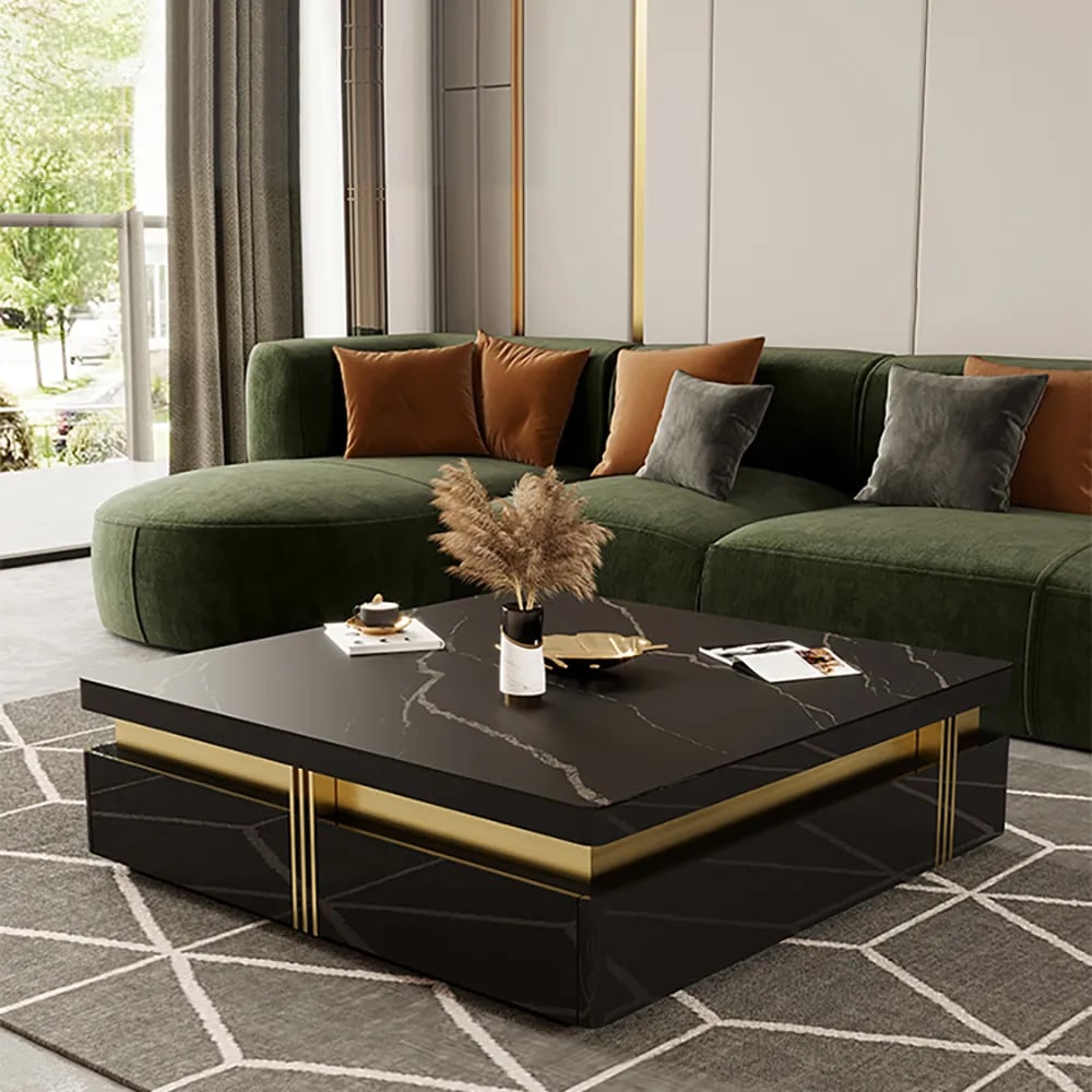 HMR - Trimied Modern Square Storage Coffee Table Stone Top with 4 Wood Drawers