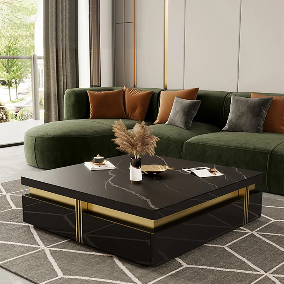 HMR - Trimied Modern Square Storage Coffee Table Stone Top with 4 Wood Drawers