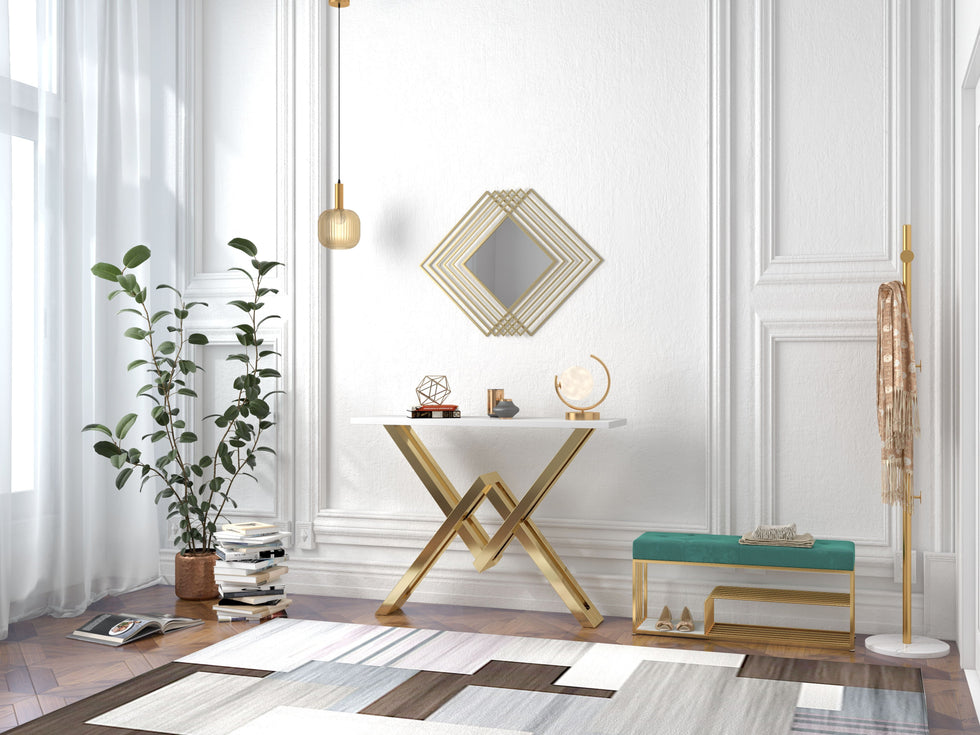HMR - Modern Luxury Overlapping Geometric Rhombus Gold Metal Wall Mirror