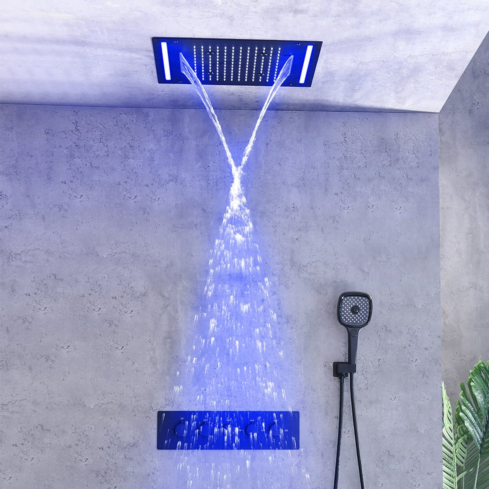 HMR - 20" Ceiling Mounted Thermostatic Rainfall Shower System 4 Functions LED Light in Black