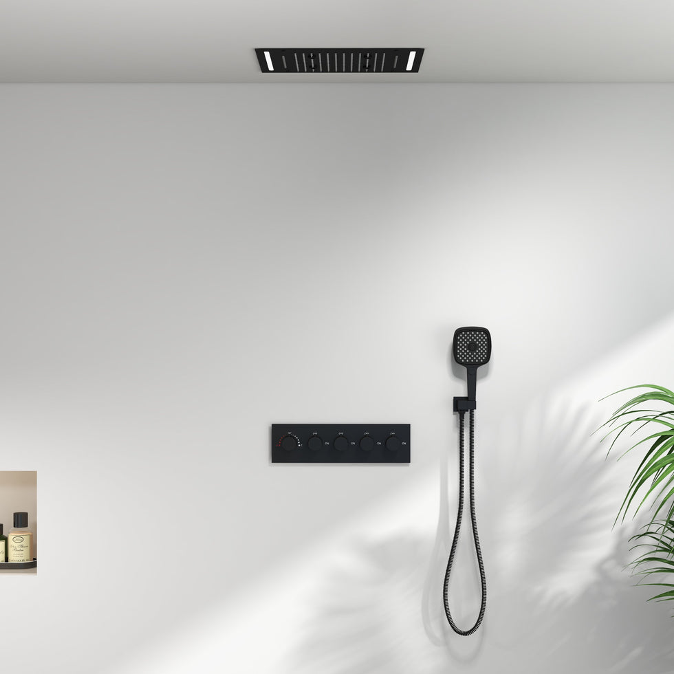 HMR - 20" Ceiling Mounted Thermostatic Rainfall Shower System 4 Functions LED Light in Black