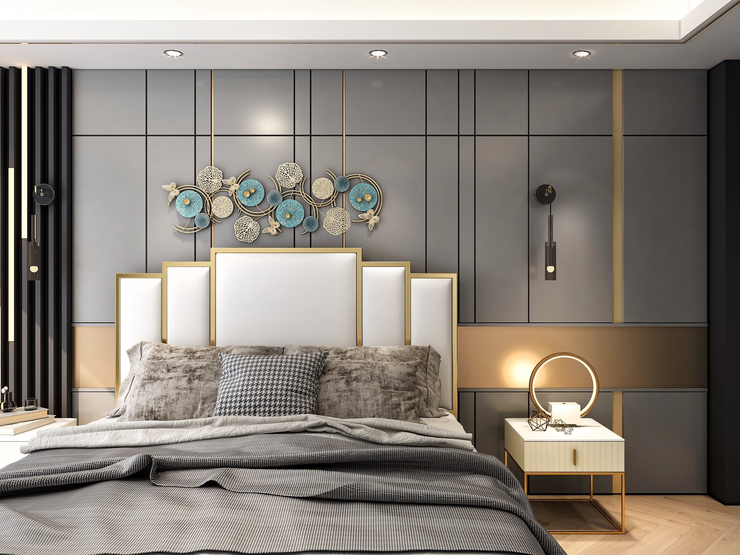 HMR - Modern LED Circle Table Lamp in Gold with White Marble Base