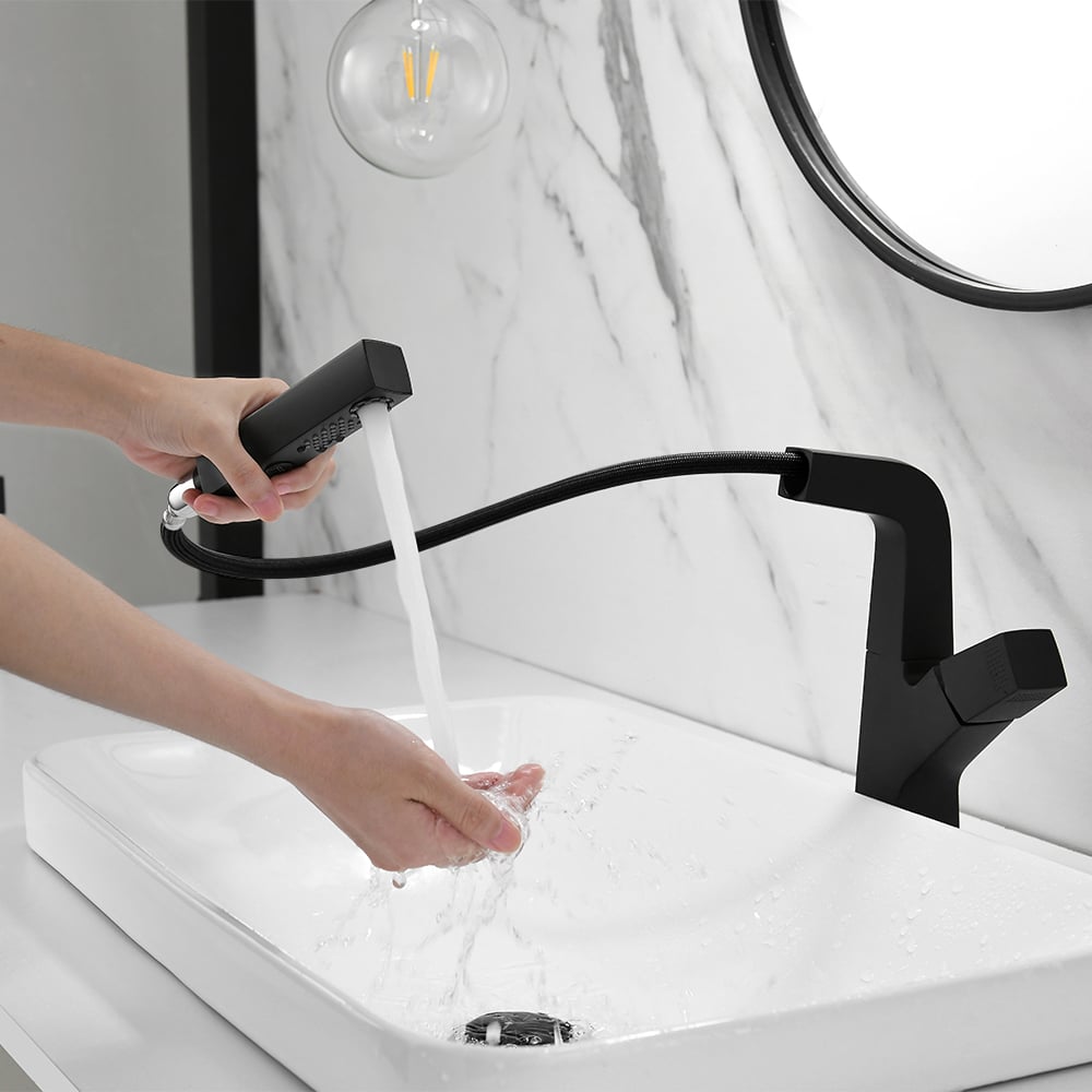 HMR - Modern Single Hole Bathroom Sink Faucet Dual Function Pull-Out Spray Faucet