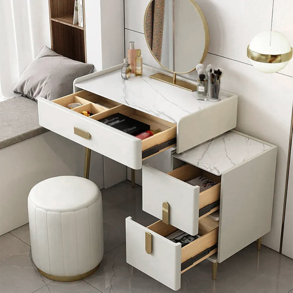 HMR - Inarrow Modern Off-white Makeup Vanity Table with Mirror & Side Table