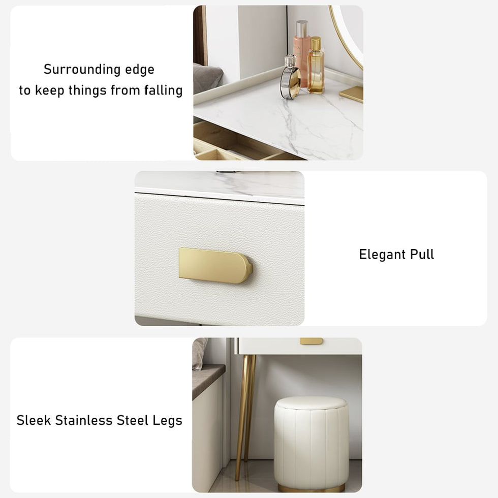 HMR - Inarrow Modern Off-white Makeup Vanity Table with Mirror & Side Table