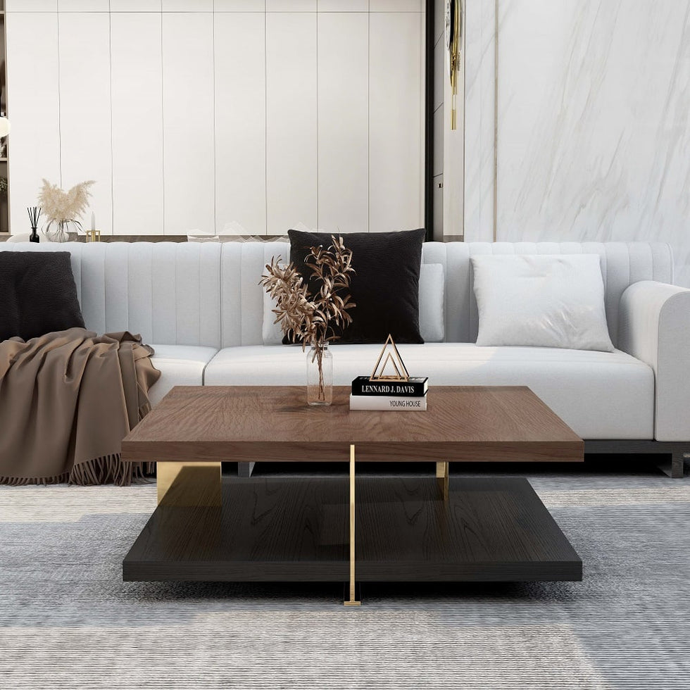 HMR - Industrial Black & Walnut Square Pedestal Coffee Table Solid Wood Accent Table