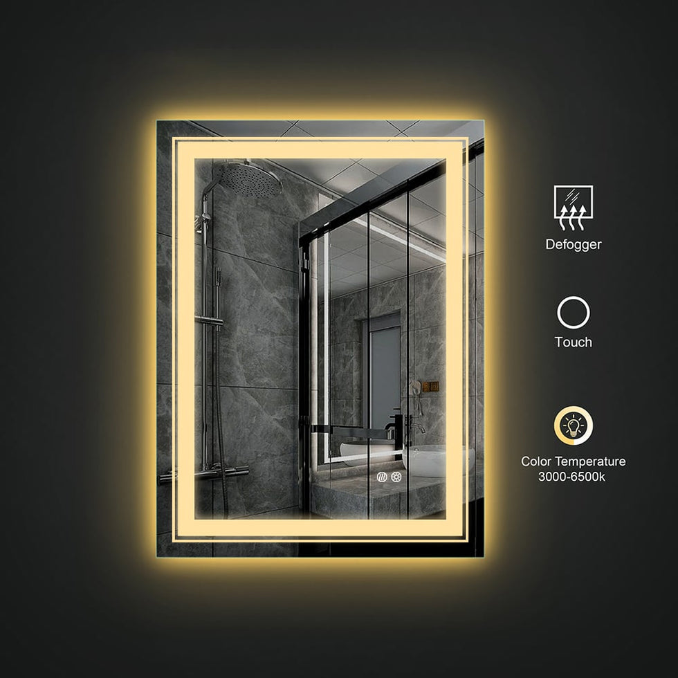 HMR - Modern 24" x 30" Frameless LED Bathroom Vanity Mirror Rectangle Anti-Fog Wall Mirror