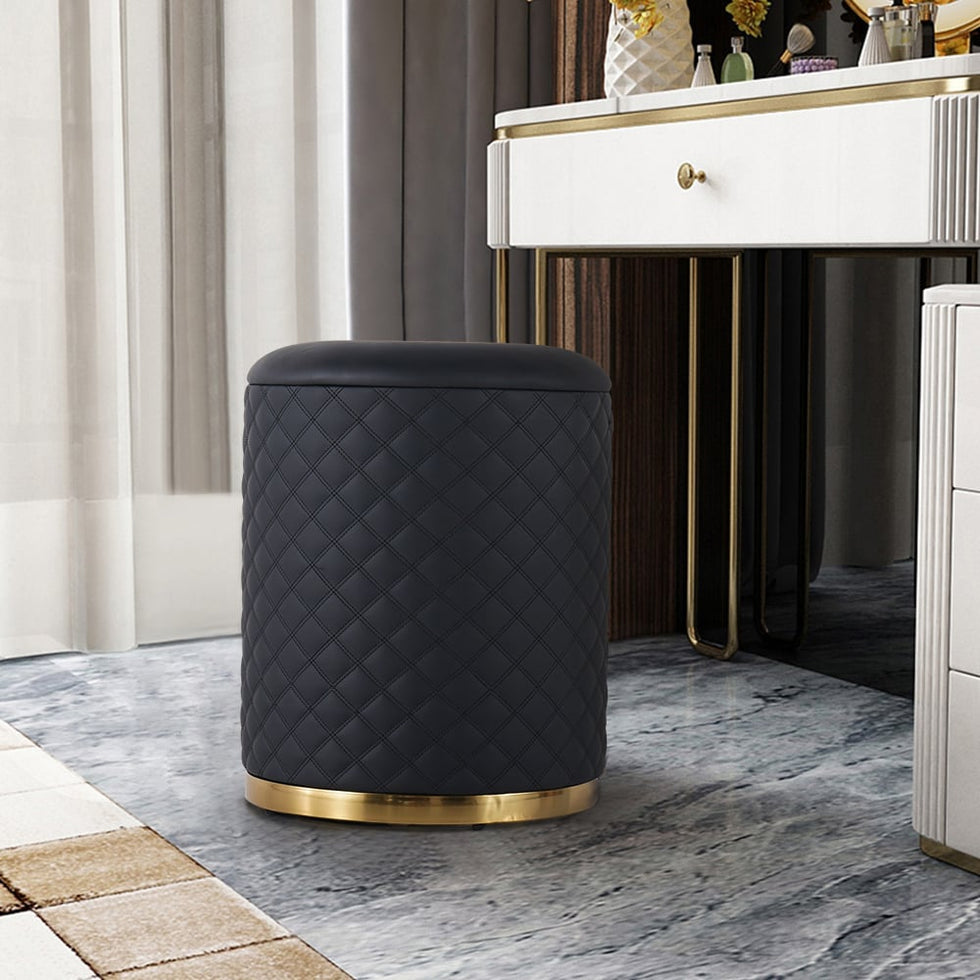 HMR - 15.7" Small Round Vanity Stool PU Leather Upholstered Ottoman Stool in Black