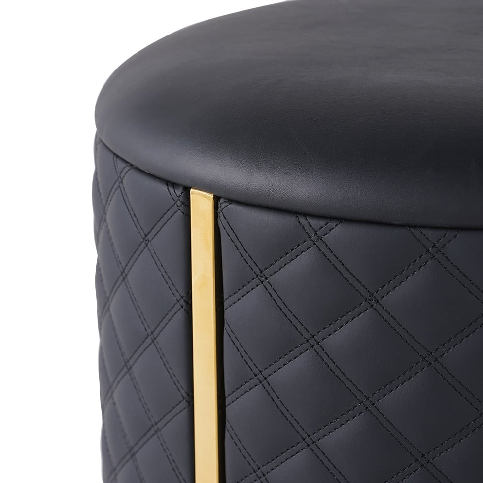HMR - 15.7" Small Round Vanity Stool PU Leather Upholstered Ottoman Stool in Black
