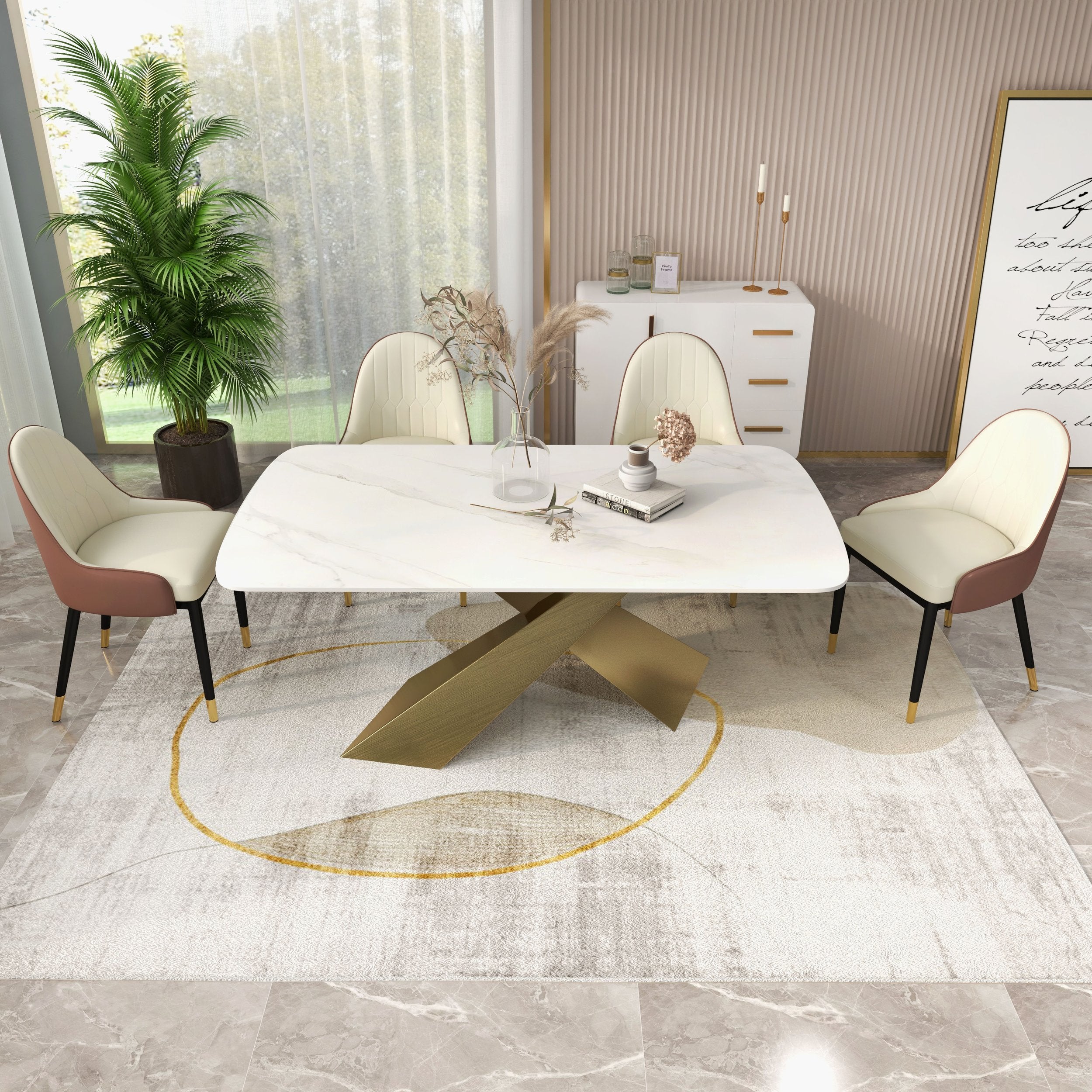 HMR - Modern Beige & Gold Rectangle Area Rug