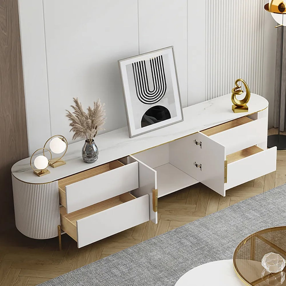 HMR - 86.6" Modern Elegant Oval TV Console with Drawers & Doors in White