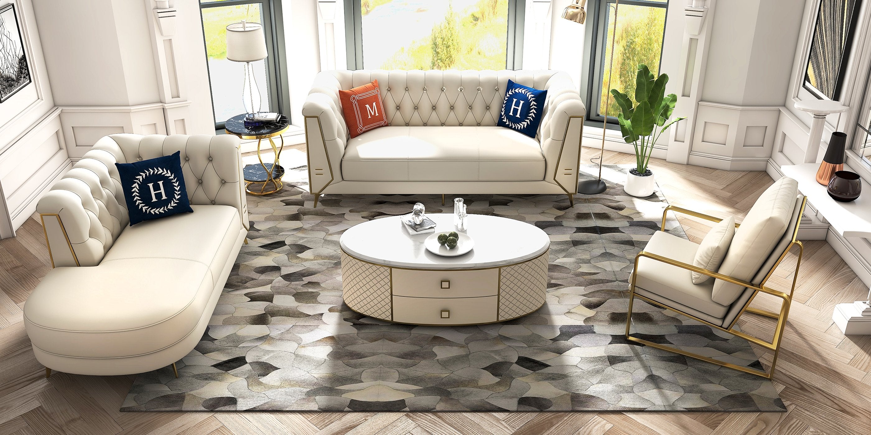 HMR - 3-Piece Modern Living Room Set Chesterfield Sofa with Chaise and Chair in Off-White