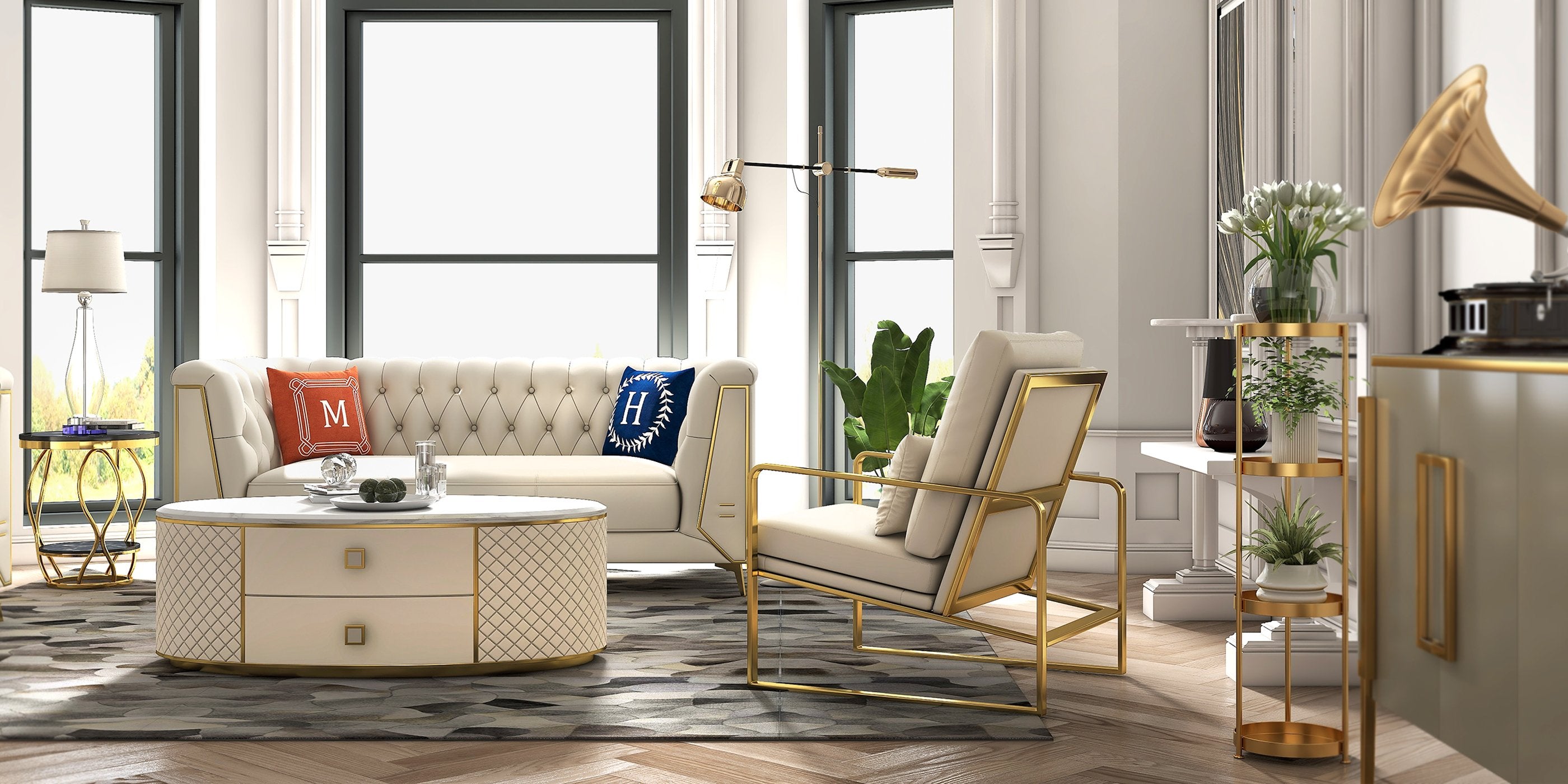 HMR - 3-Piece Modern Living Room Set Chesterfield Sofa with Chaise and Chair in Off-White
