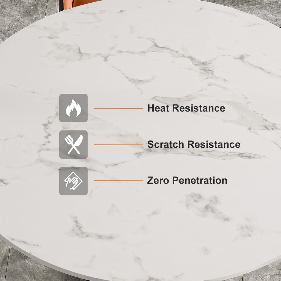 HMR - 59.1" Modern Round Sintered Stone Dining Table White & Gold Seats 4-6 People