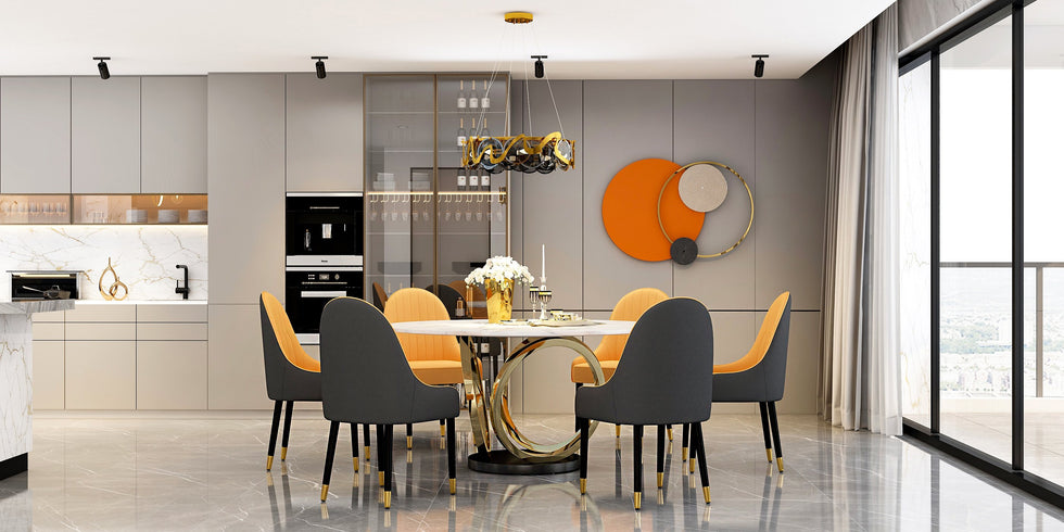 HMR - 59.1" Modern Round Sintered Stone Dining Table White & Gold Seats 4-6 People