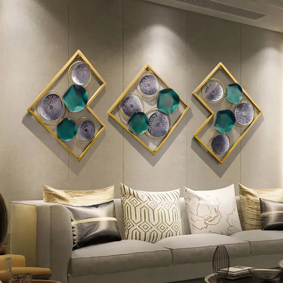 HMR - 3 Pieces Lotus Leaves Metal Wall Decor with Square Frame in Gold