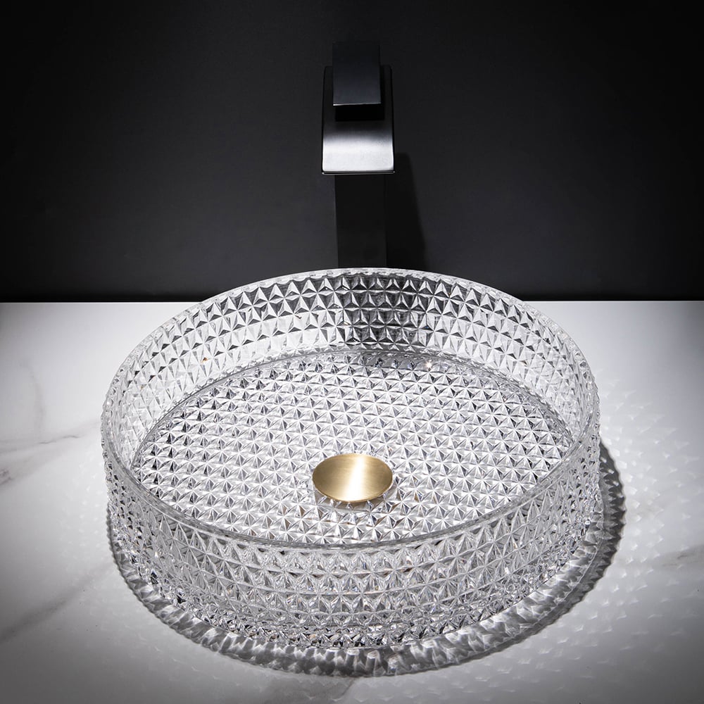 HMR - 15" Vessel Transparent Diamond Shaped Crystal Glass Bathroom Wash Sink