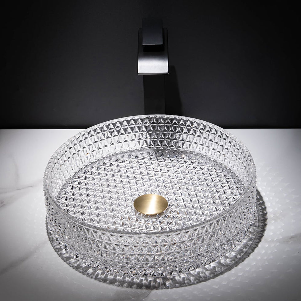HMR - 15" Vessel Transparent Diamond Shaped Crystal Glass Bathroom Wash Sink