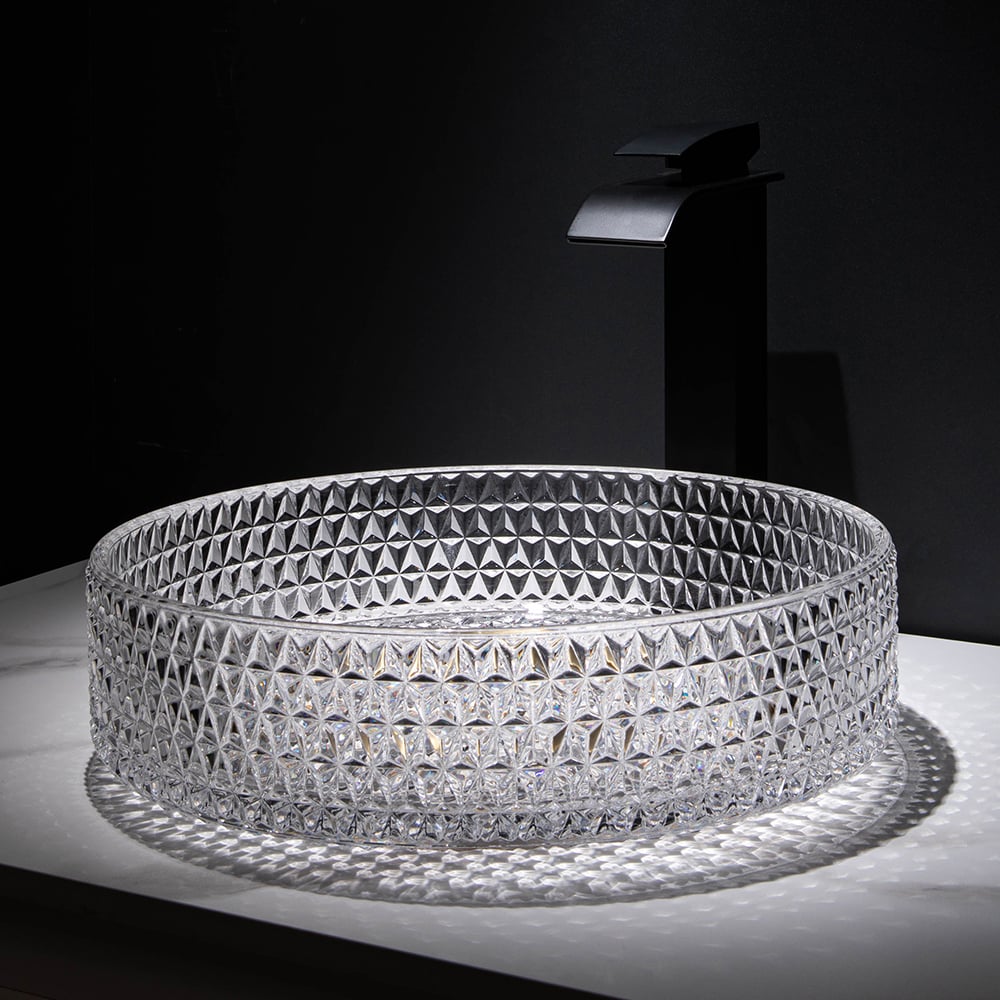 HMR - 15" Vessel Transparent Diamond Shaped Crystal Glass Bathroom Wash Sink
