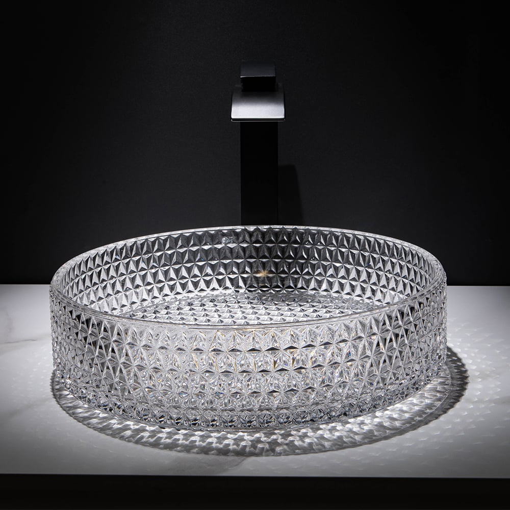 HMR - 15" Vessel Transparent Diamond Shaped Crystal Glass Bathroom Wash Sink