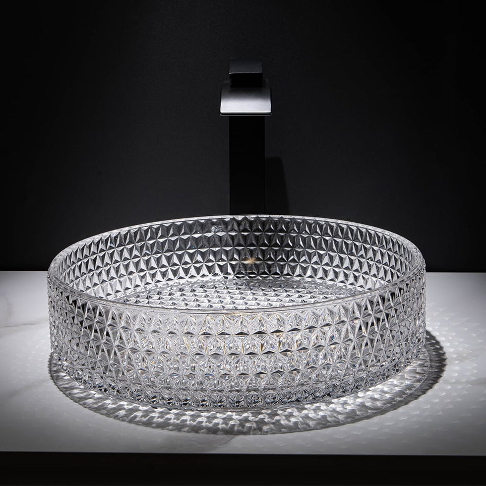 HMR - 15" Vessel Transparent Diamond Shaped Crystal Glass Bathroom Wash Sink