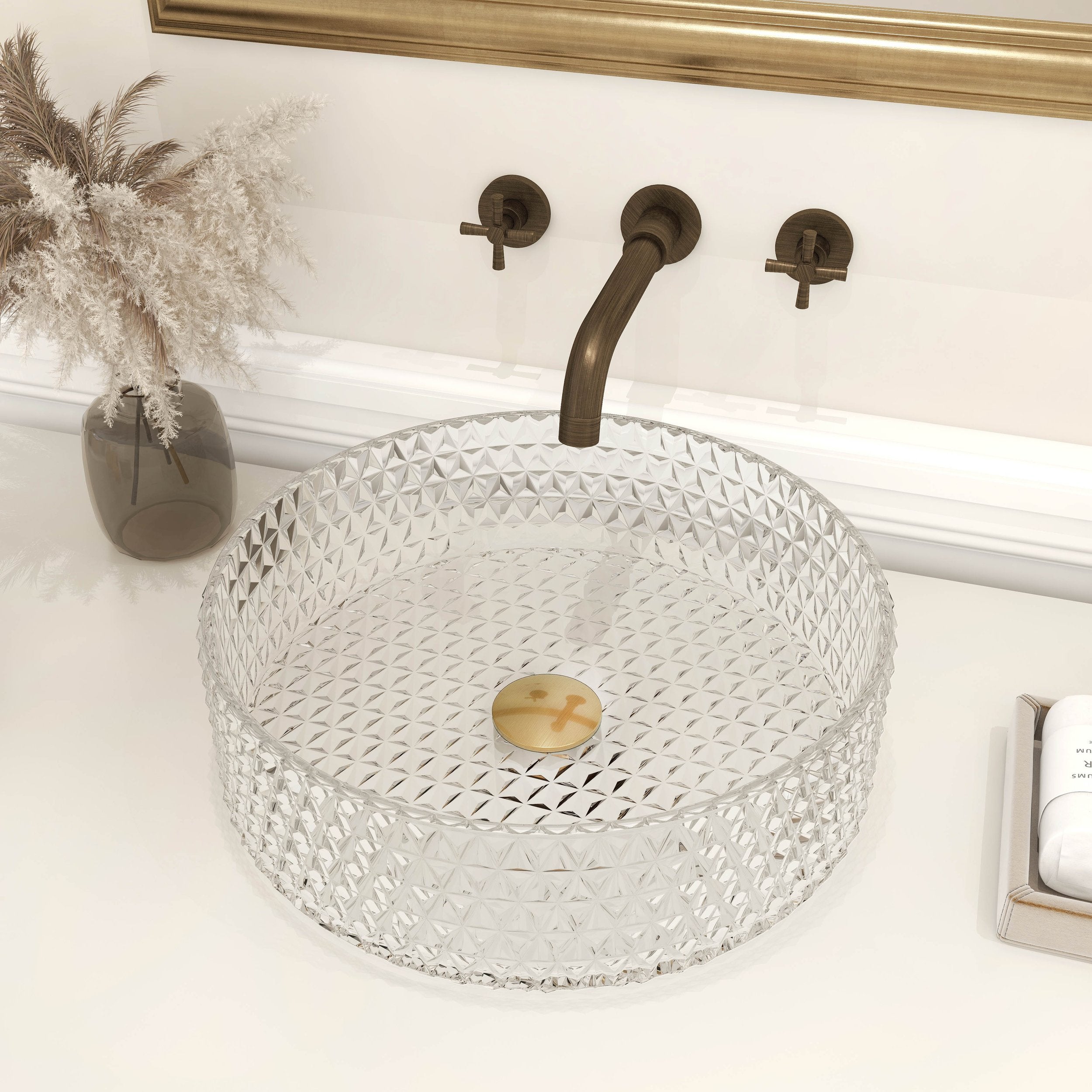 HMR - 15" Vessel Transparent Diamond Shaped Crystal Glass Bathroom Wash Sink