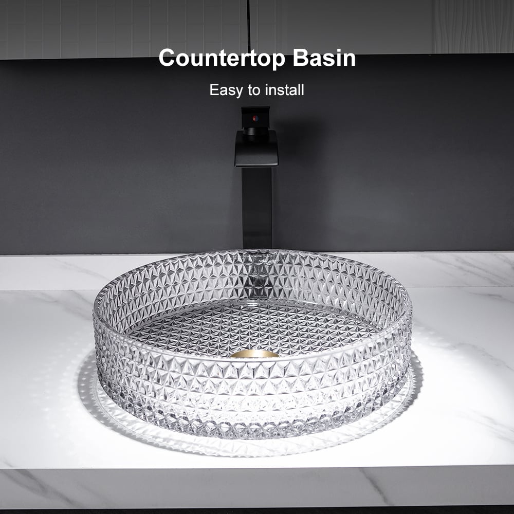 HMR - 15" Vessel Transparent Diamond Shaped Crystal Glass Bathroom Wash Sink