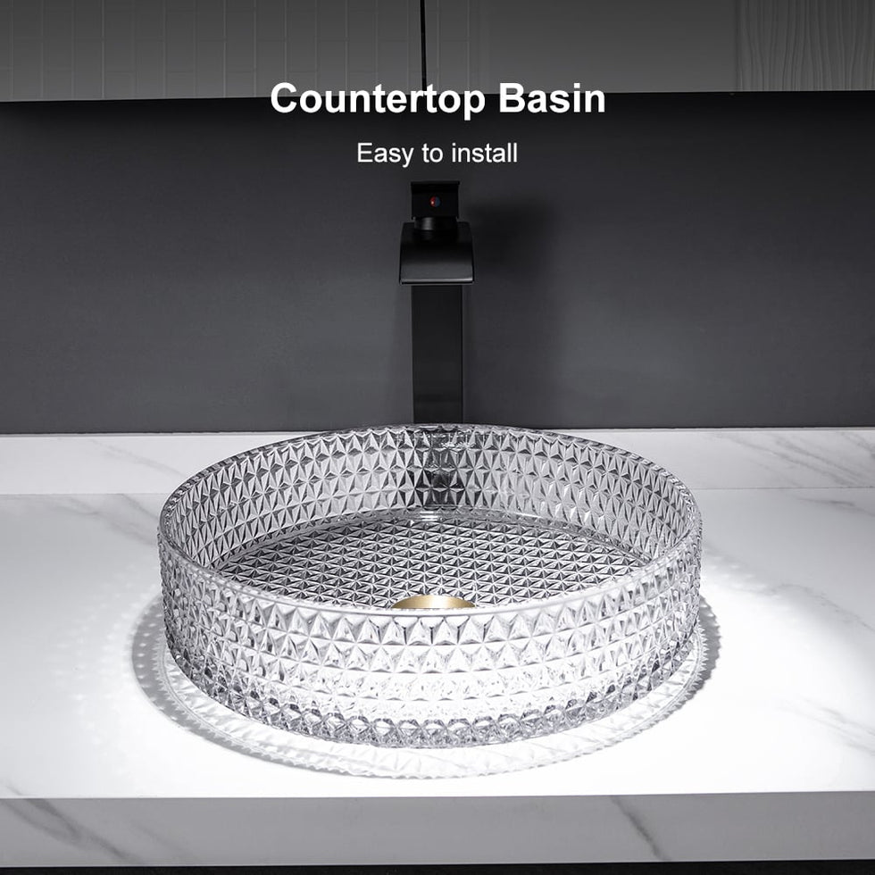 HMR - 15" Vessel Transparent Diamond Shaped Crystal Glass Bathroom Wash Sink