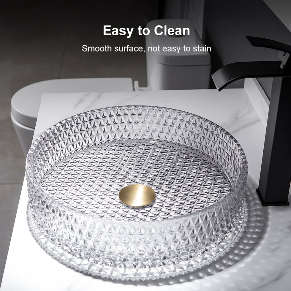 HMR - 15" Vessel Transparent Diamond Shaped Crystal Glass Bathroom Wash Sink
