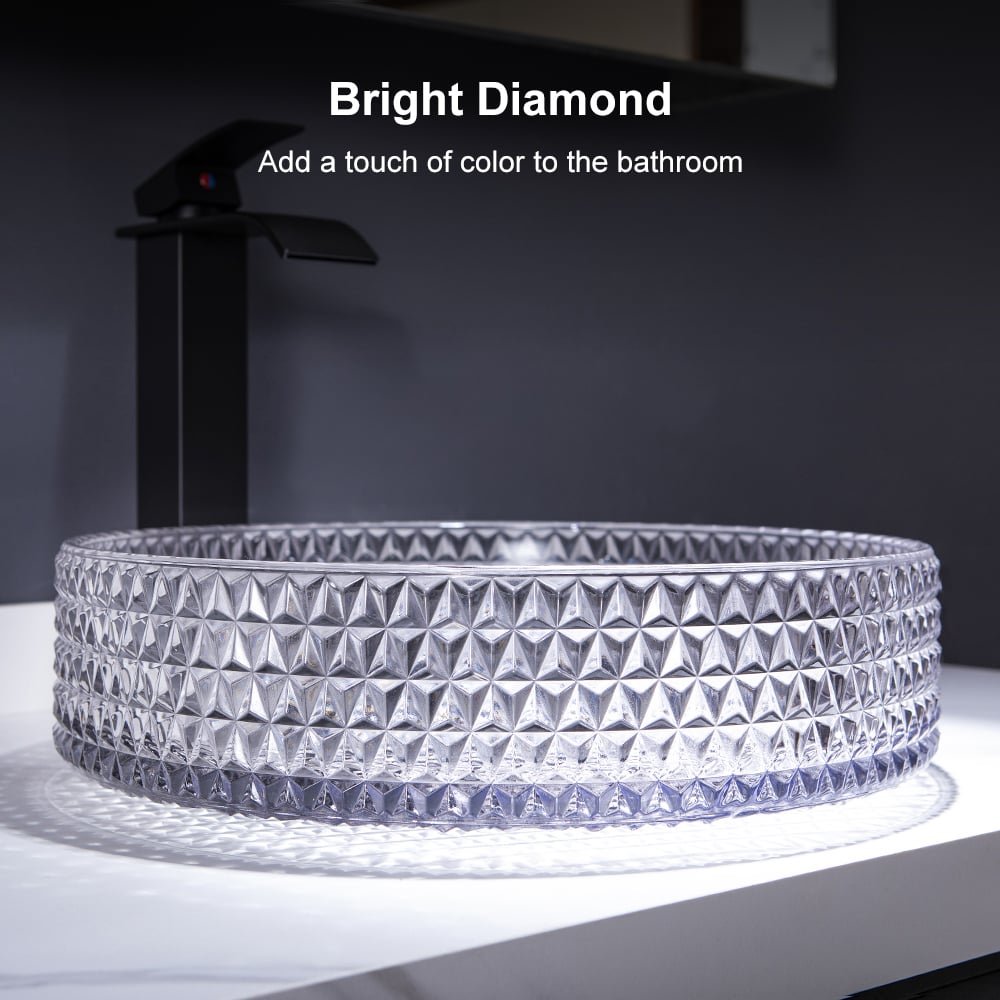 HMR - 15" Vessel Transparent Diamond Shaped Crystal Glass Bathroom Wash Sink