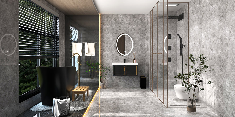 HMR - 47" Japanese Modern Irregular Freestanding Stone Resin Soaking Bathtub