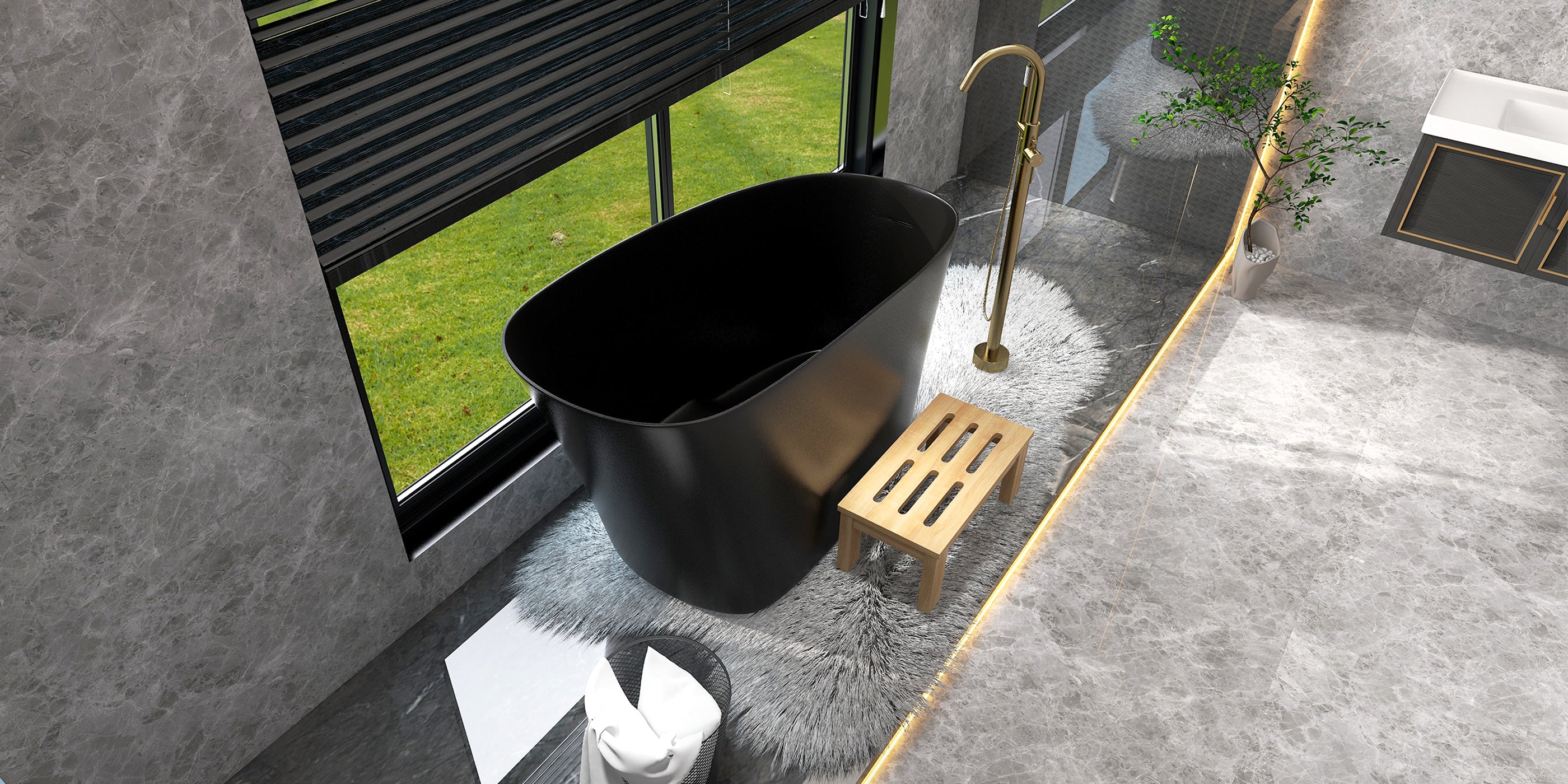 HMR - 47" Japanese Modern Irregular Freestanding Stone Resin Soaking Bathtub
