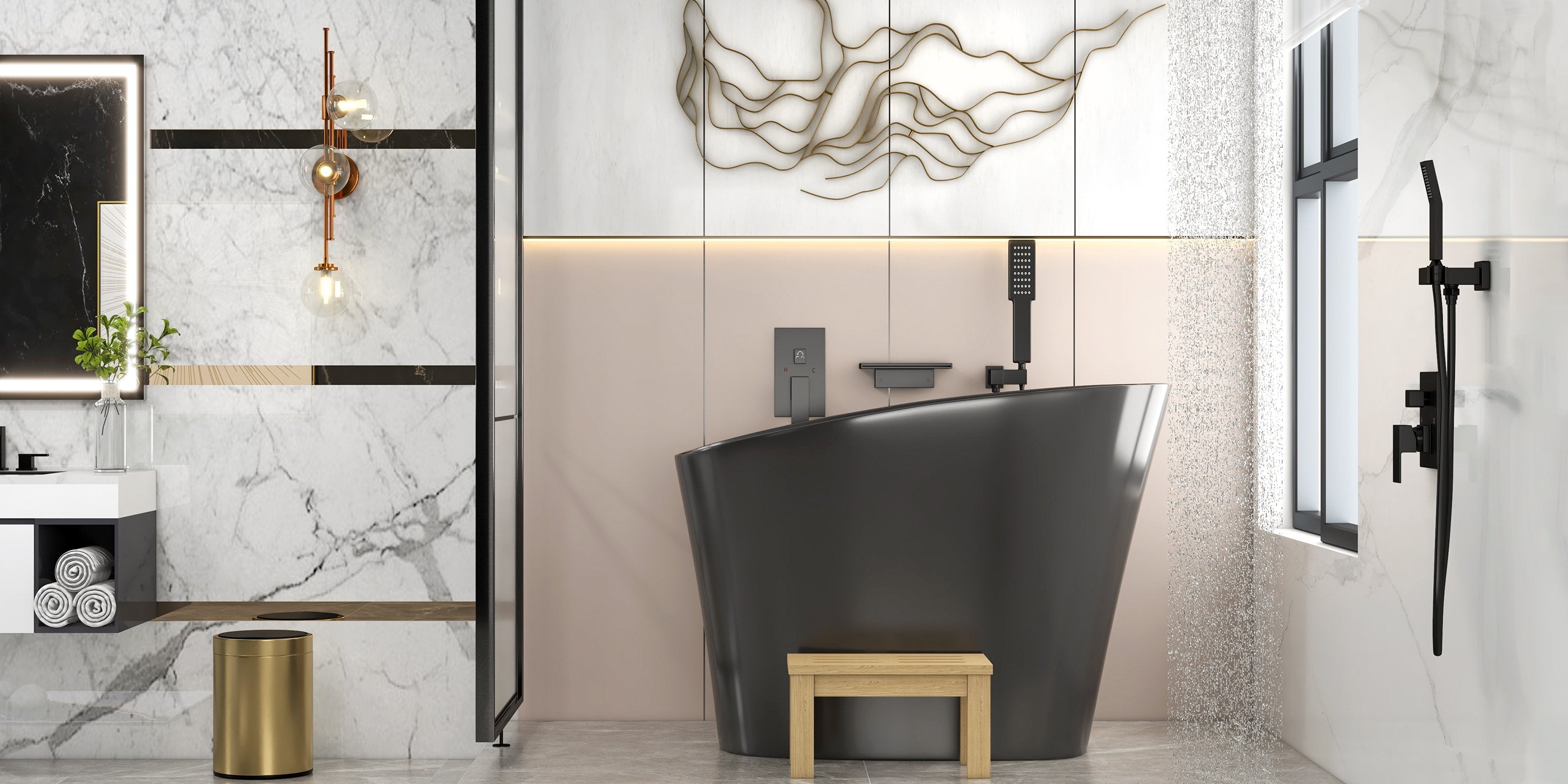 HMR - 47" Japanese Modern Irregular Freestanding Stone Resin Soaking Bathtub