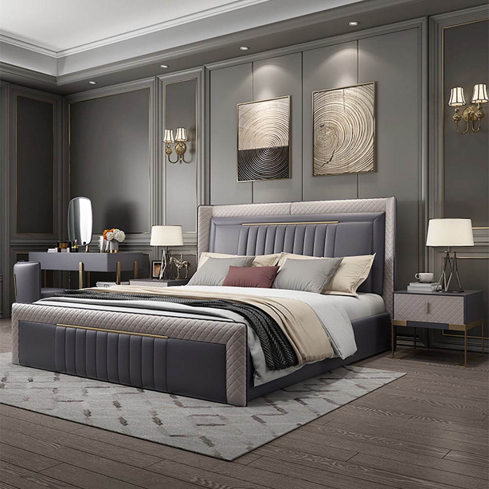 HMR - Modern Upholstered Bed Platform Bed Frame with Wingback Headboard