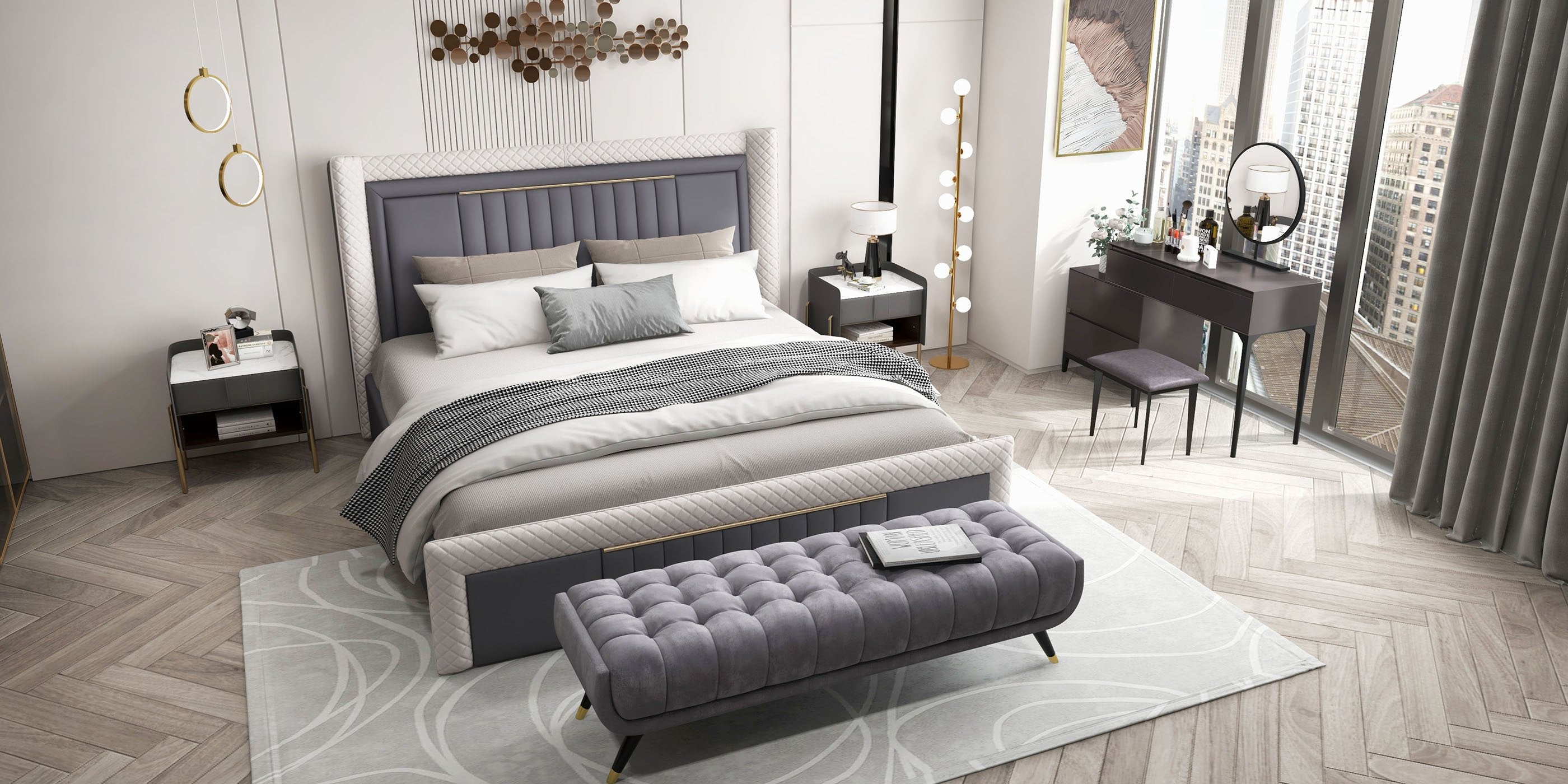 HMR - Modern Upholstered Bed Platform Bed Frame with Wingback Headboard