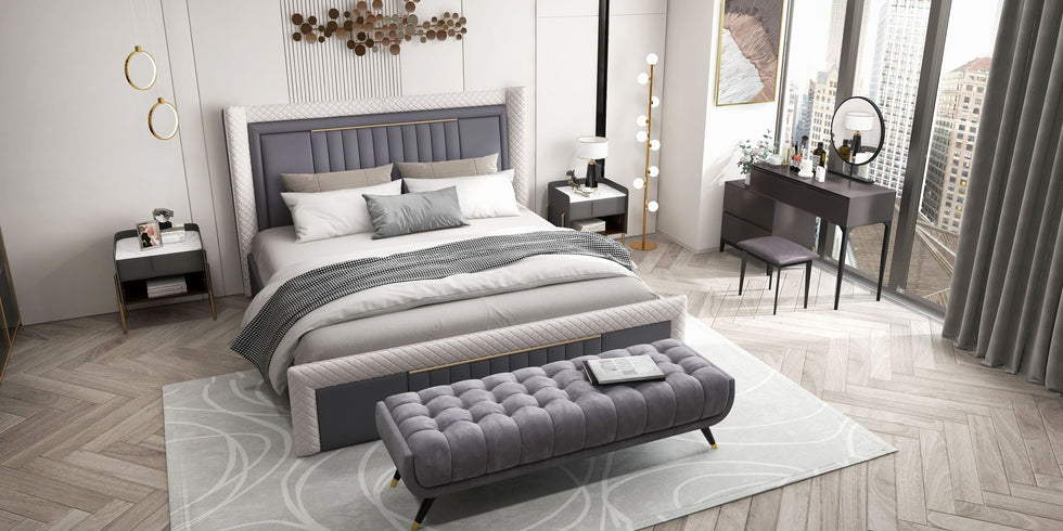 HMR - Modern Upholstered Bed Platform Bed Frame with Wingback Headboard