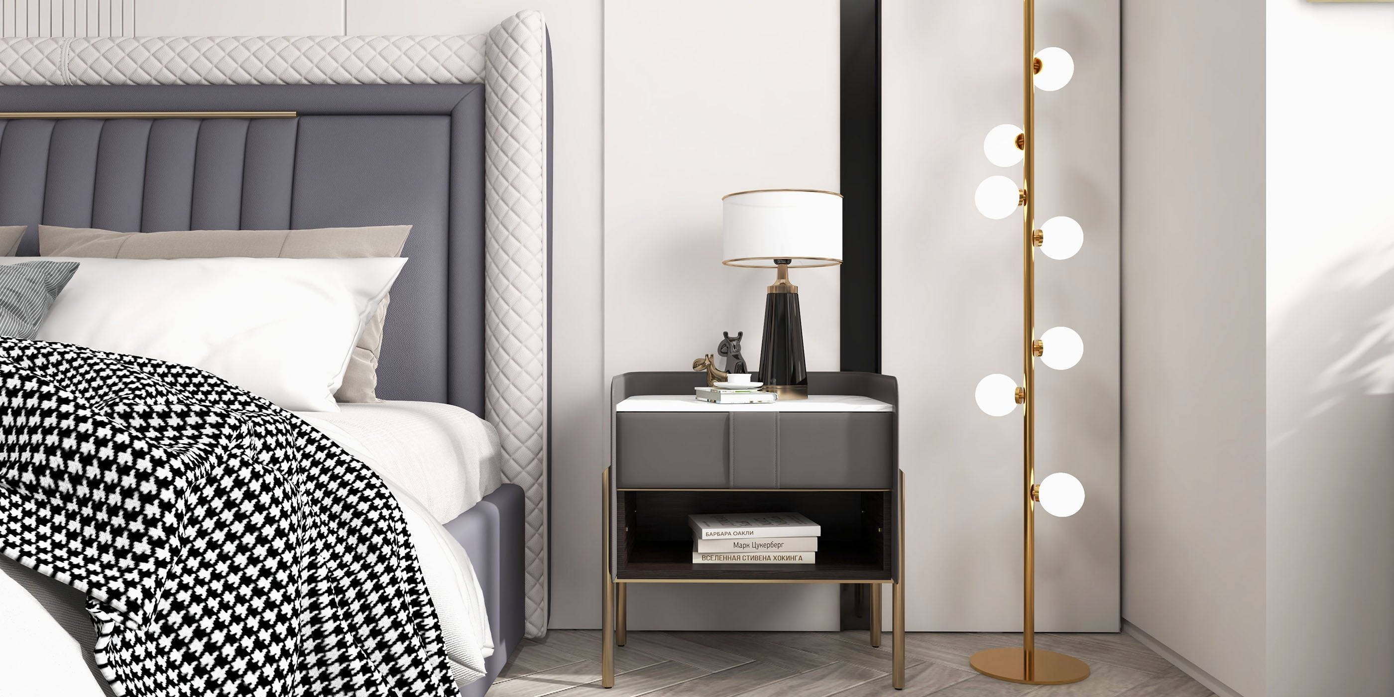 HMR - Modern Upholstered Bed Platform Bed Frame with Wingback Headboard