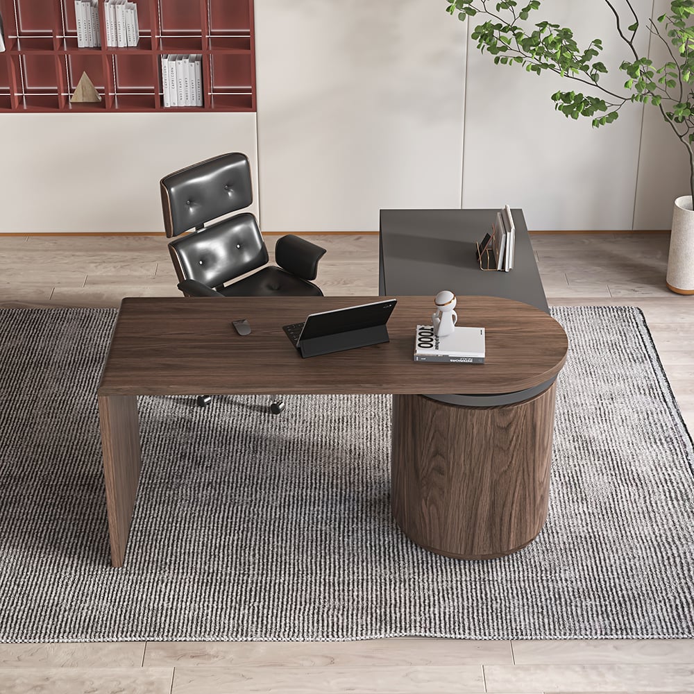 HMR - 59.8" Modern L-Shaped Rotatable Executive Office Desk with Cabinet & 2 Drawers