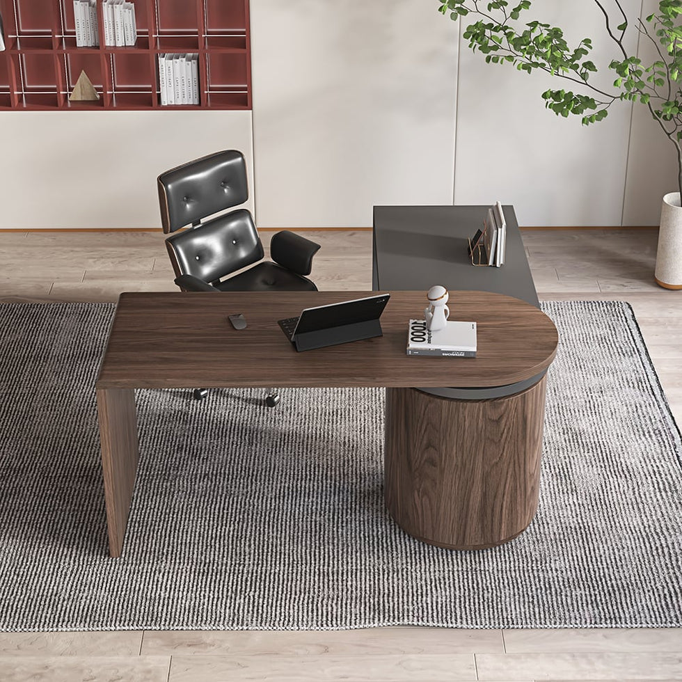 HMR - 59.8" Modern L-Shaped Rotatable Executive Office Desk with Cabinet & 2 Drawers