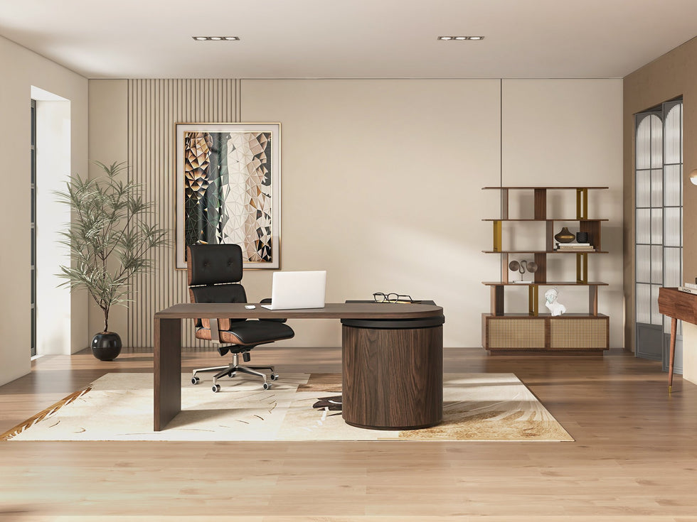 HMR - 59.8" Modern L-Shaped Rotatable Executive Office Desk with Cabinet & 2 Drawers